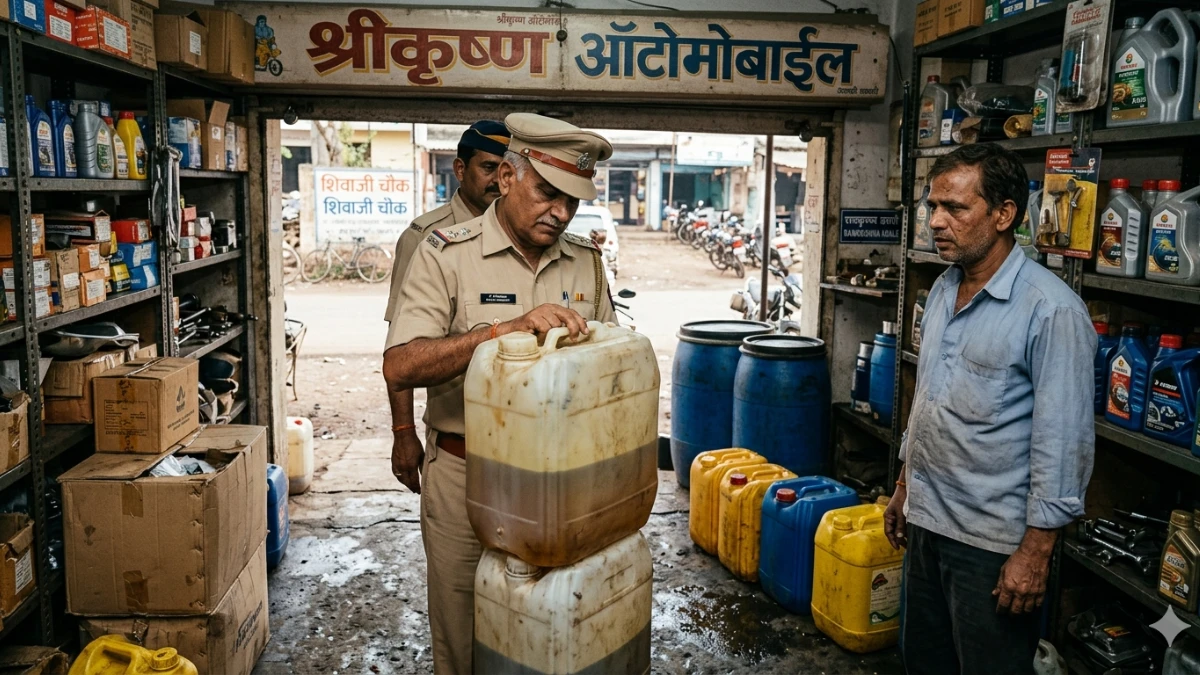 सिंदेवाही येथे श्रीकृष्ण ऑटोमोबाईल दुकानात illegal petrol sale प्रकरणी पोलिसांनी टाकलेल्या छाप्यात 40 लिटर पेट्रोल जप्त केले