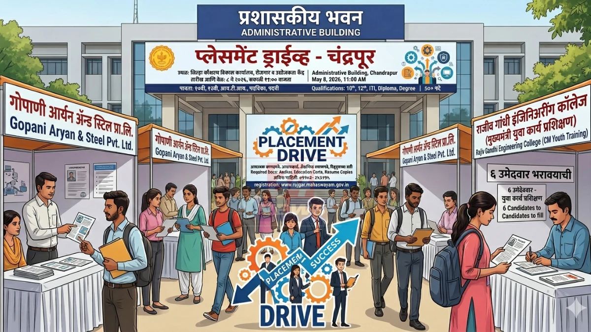 चंद्रपूर प्लेसमेंट ड्राईव्ह 8 मे 2026 रोजी प्रशासकीय भवन येथे 50+ पदांसाठी भरती