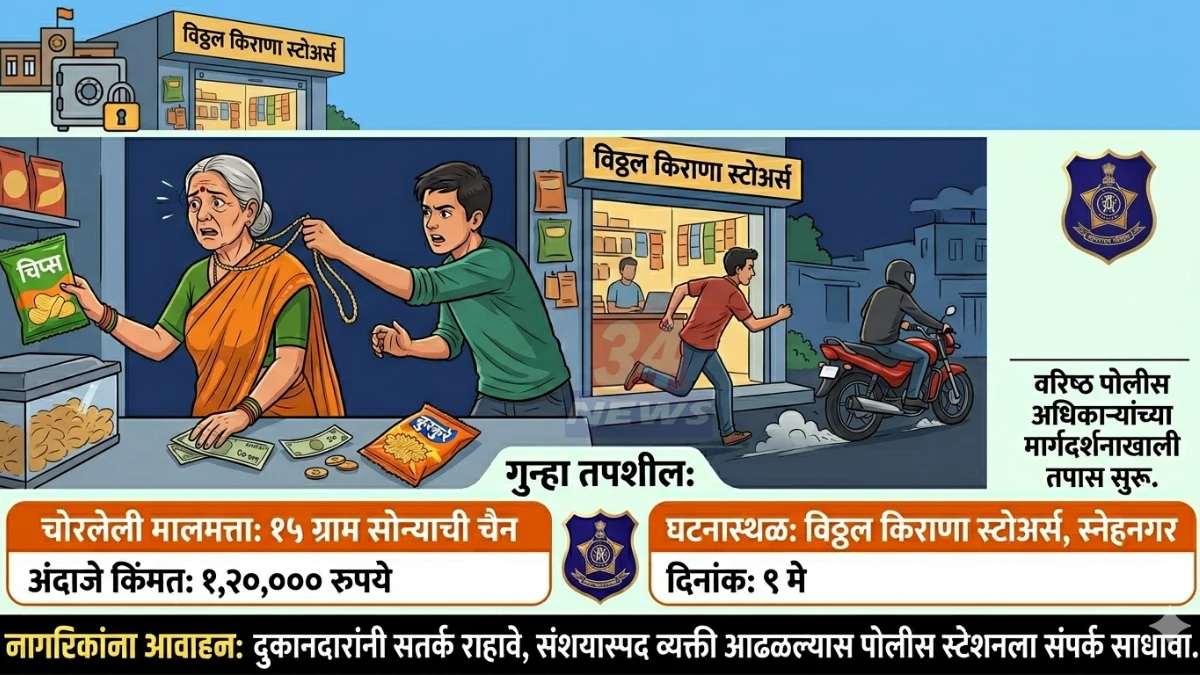 Chandrapur chain snatching: स्नेहनगर विठ्ठल किराणा स्टोअर्समध्ये 20 रु कुरकुरे घेऊन 73 वर्षीय कमल हेडाऊ यांची 1.2 लाखाची चैन हिसकावली